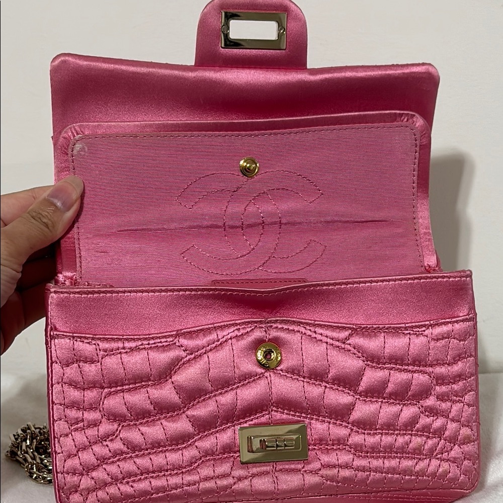 Chanel Authentic Pink Satin Silk Croc Embossed 2.55 Mini Double Flap Bag - Picture 10 of 16